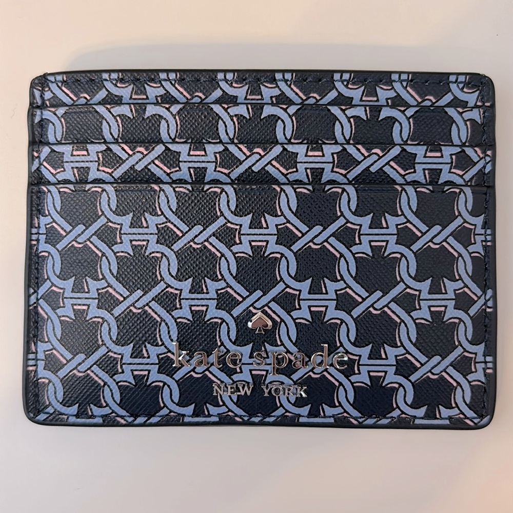 Kate Spade Link Slim Card Case Holder Leather Blue Multi New